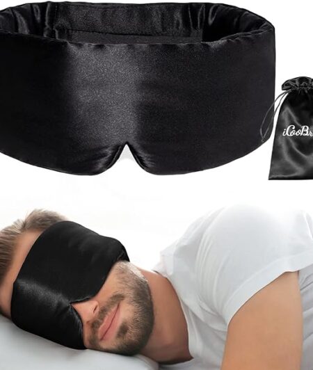 100% Natural Silk Eye Mask for Women Men, Soft Pressureless Cooling Blackout Eye Covers for Sleeping, Large Size Sleep Mask fits All Heads Adjustable, 1PC, Black