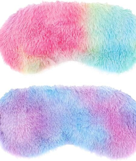 2 Pack Plush Sleeping Eye Mask Soft Plush Eye Mask Fuffy Eye Cover Comfortable Sleep Mask Blindfold Rainbow Faux Fur Eye Shade for Women, Men and Kids Travel Nap Sleeping
