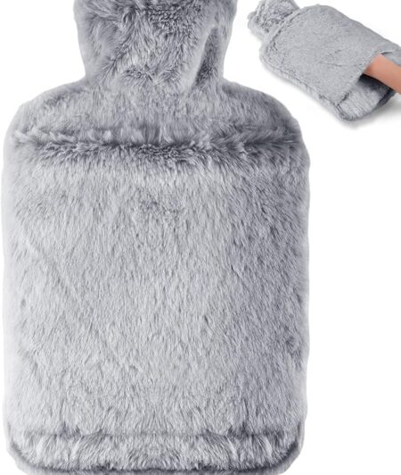 Hot Water Bottle with Luxury Cosy Faux Fur Cover,2L Leakproof Large Hot Water Bag for Neck,Shoulder,Hand Feet Warmer,Gifts for Women,Men(Grey)