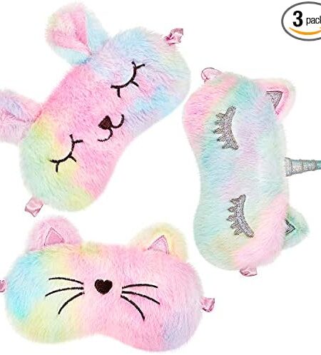 3 Pieces Sleep Mask for Kids, Girls Plush Sleeping Eye Cover Soft Eye Blindfold Cover Animal Shade for Kids(Rainbow Color,Bunny, Cat and Unicorn Style)