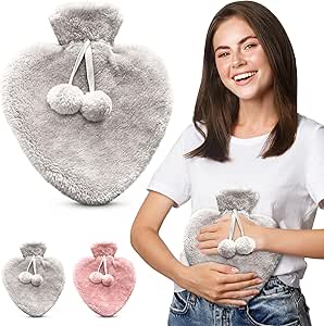 Happy Heaters Hot Water Bottle, 1L with Fluffy Cover - Ideal for Period, Back & Neck Pain - Grey with Cover UK Perfect for Women, Seniors & Children