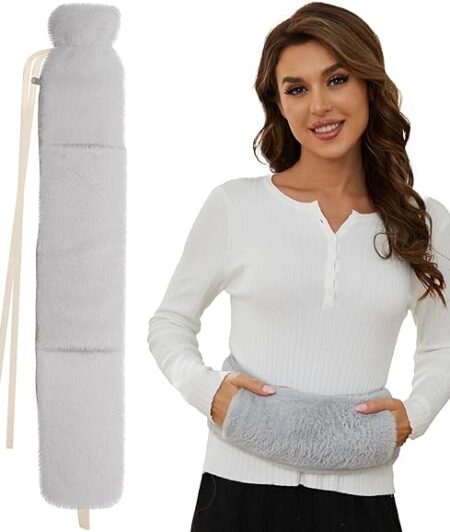 Lang mit Bezug, Groß Gummi Wärmeflasche Lange Warmflaschewarmflasche Warm mit Flauschig Hände Bezug, 72cm Extra Länglich Wärmeflaschen XXL 2 Liter Warmflasche für Die Periode, Grau