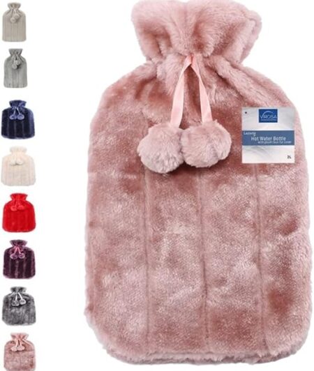 Luxury Hot Water Bottle with Soft Faux Fur Cover & Pom Poms – 2 Litre Large Leakproof Rubber Bottle for Neck, Shoulder, Back Pain Relief & Hand and Feet Warmer (Plum)