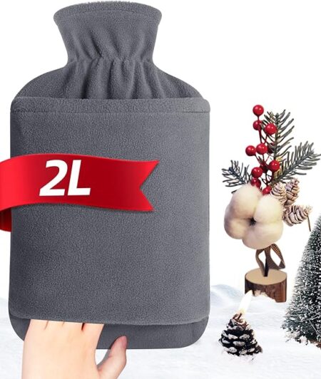 Hot Water Bottle with Fleece Cover - 2L Large Leakproof Hot Water Bag - Soft Hot Water Bottle with Hand Pocket and Natural Rubber -for Hands, Feet, Shoulders, Neck, Abdomen, Legs (Grey)